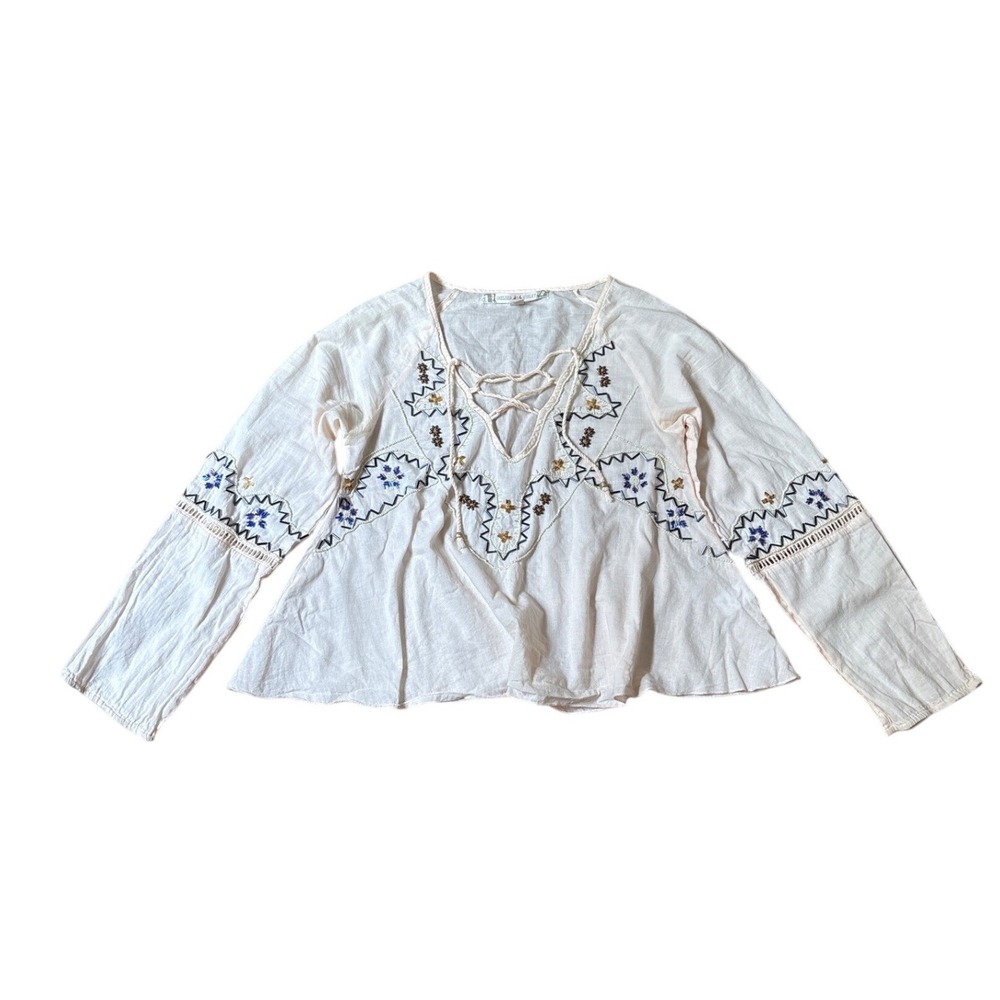 Chelsea & Violet Peasant Top Women White Boho Embroidered Lace Up SIZE XS